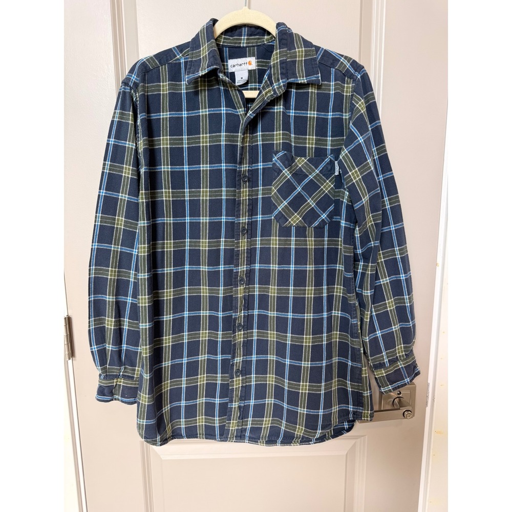 Carhartt Mens Medium Long Sleeve Plaid Button Down Shirt Navy Blue Green Cotton